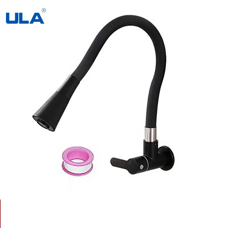 

ULA Stainless Steel Black Wall Kitchen Faucet Single Cold Water 360 Rotate Faucet Kitchen Tap Long Spout Water Nozzle Wall Mount