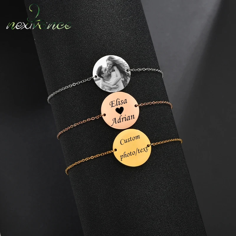 

Nextvance Personalized Engrave Name Date Photo Round Bracelet Adjustable Stainless Steel For Women Men Birthday Gift Wholesale