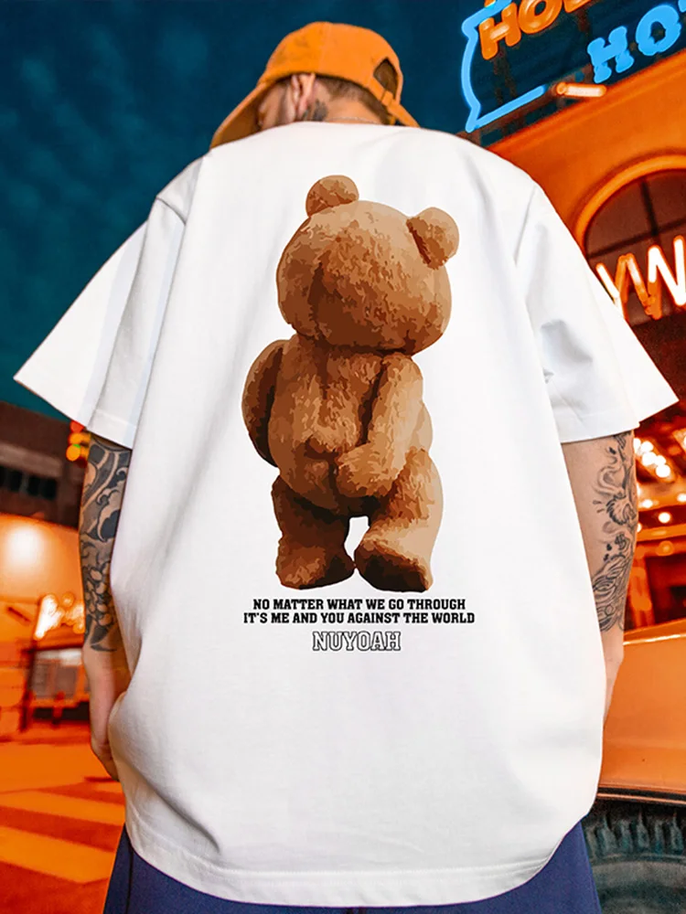 

Spoof Fun Bear Pattern Print Short Sleeved 100% Cotton Men T-shirt Summer Loose Round Neck Tops Casual Oversized Women Clothing
