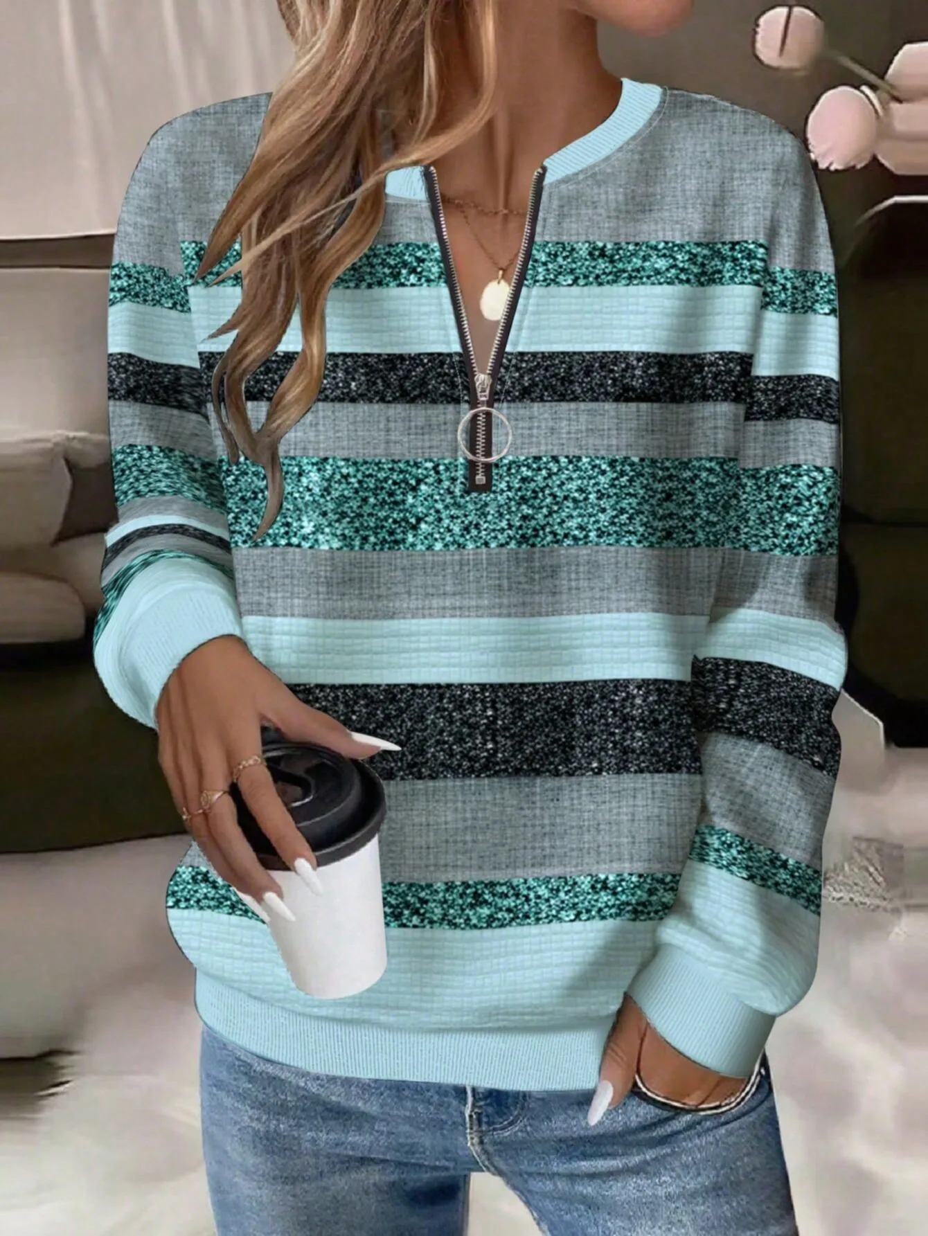 Casual Zipper Hoodie with Regular Fit Mid Length Japanese Korean Casual Digital Print Long Sleeve Striped Spring Women Hoodie