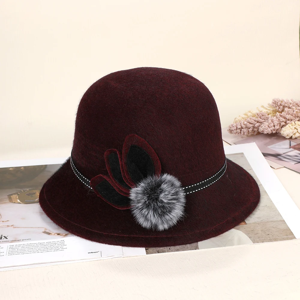 Women Vintage Woolen Felt Bucket Hats Fashion Elegant Wine  display picture 3