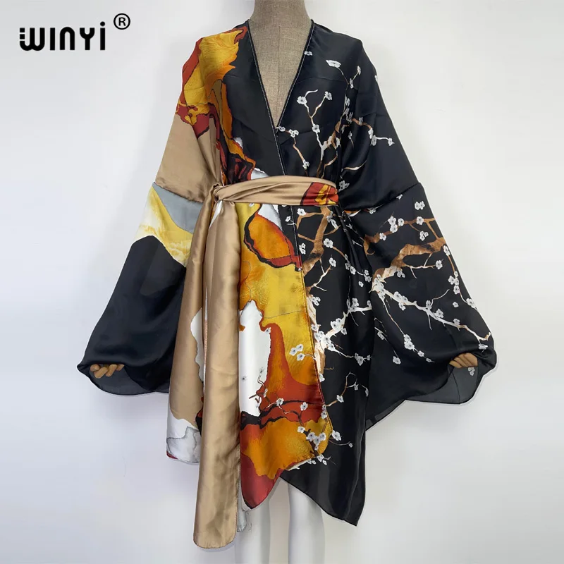 2022 WINYI 여름 비치 웨어 수영복 커버 카프탄 스위트 레이디 보호 가디건 스티치 셀프 벨트 섹시 바캉스 긴팔 기모노