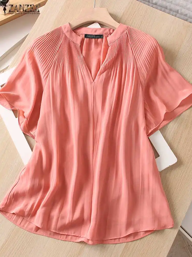 

ZANZEA Casual Pleated Shirts Women Holiday Blusas Fashion Short Sleeve Sheer Blouses 2023 Summer Vintage Loose V-neck Tunic Tops