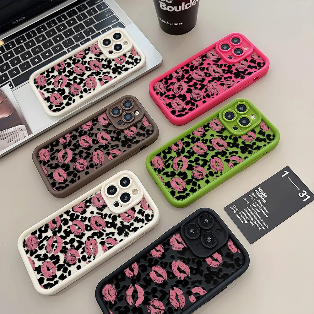 Kawaii Pink Lip Leopard Silicone Protective Painted Phone Case