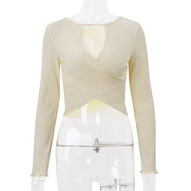 Knit Sweater Pullover Women V-Neck Ribbed Long Sleeve Patchwork Hollow Out Cropped Top Slim Elegant Solid Knitwear Top