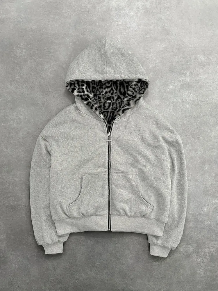 Leopard Print Unisex Hooded Sweatshirt Casual Zip Up Cardigan