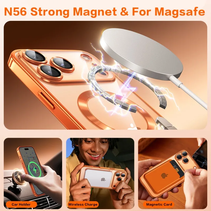 Elegant Fashion Orange Magnetic Clear Case with Wireless Charging Compatibility - Plating Soft Business Cover
