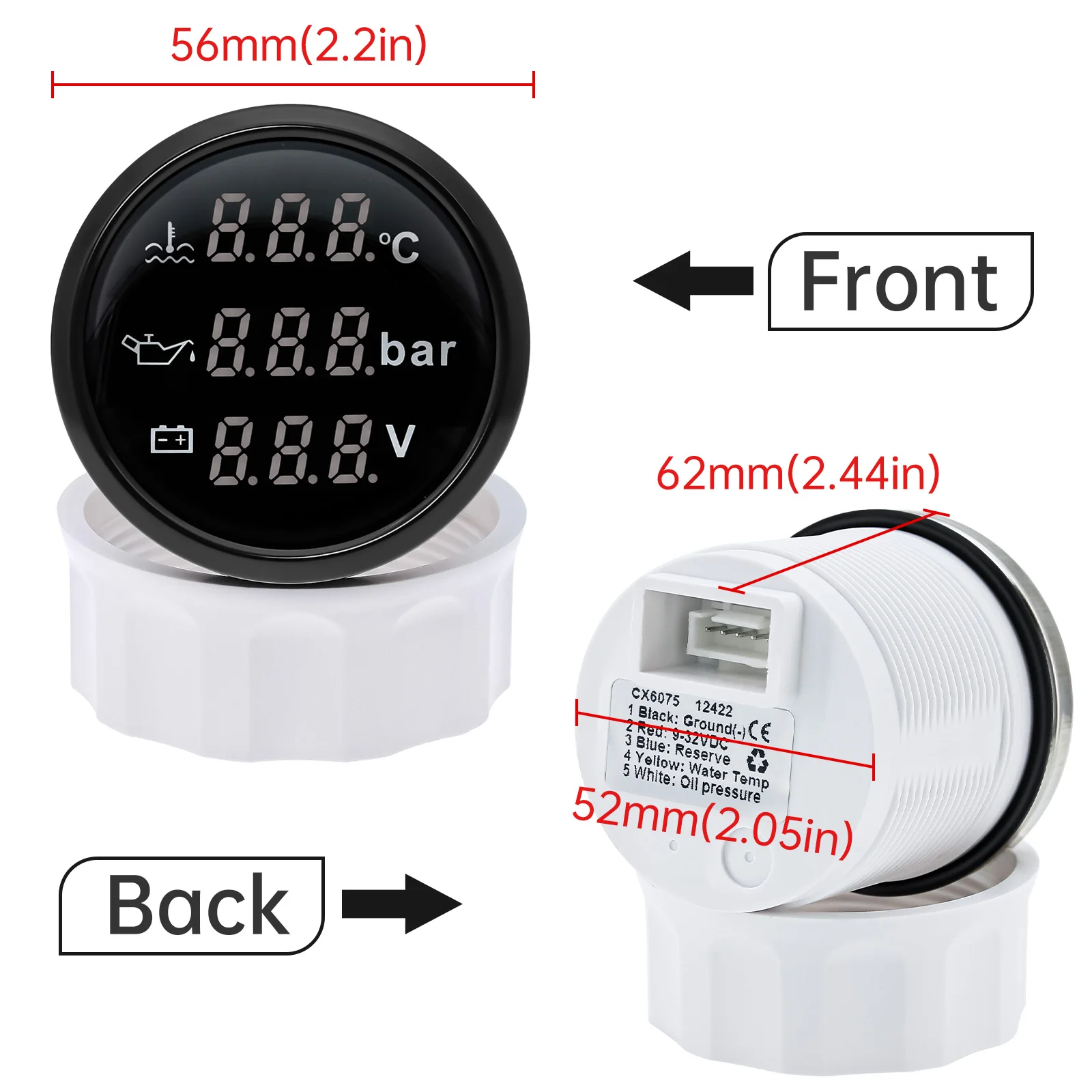 3 In 1 52mm Digital Gauge with Alarm 0~120℃ Water Temperature Gauge+Oil Pressure