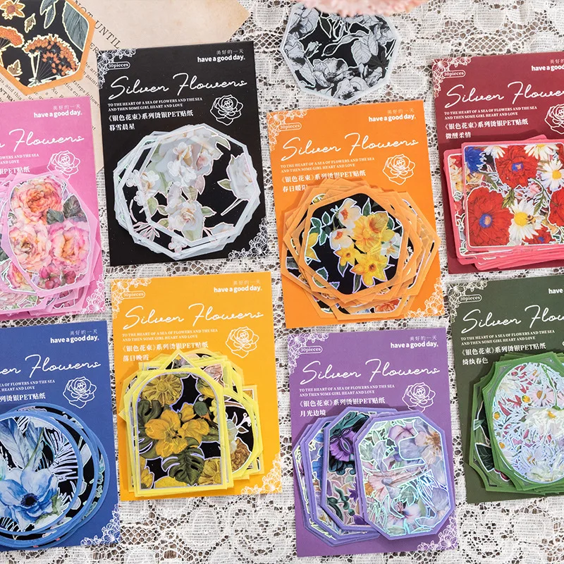 

30pcs/pack PET Stickers Bag Silver Flowers Watercolor Gilding Die-cutting Plants Handbook Decoration Material Collage