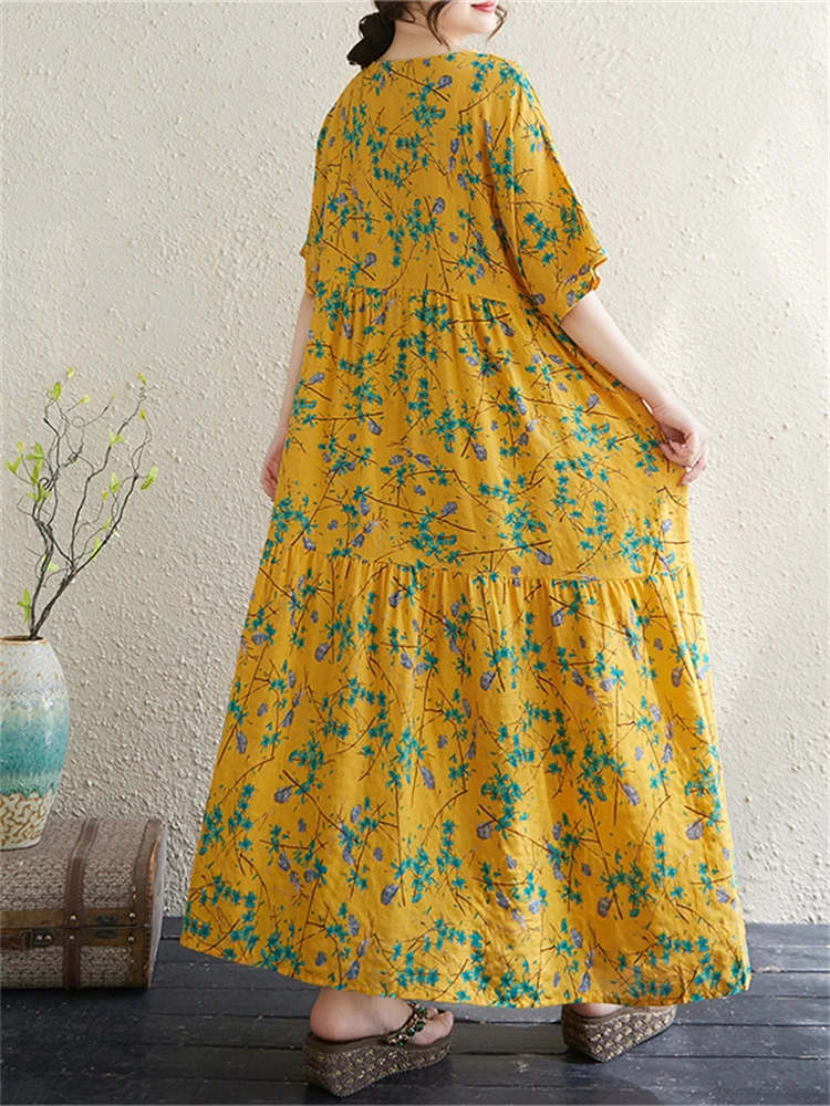 Summer Cotton Vintage Casual Loose Yellow Print Floral Dresses For Women Short Sleeve Dress Femme Robe Vestidos Elegant Clothing