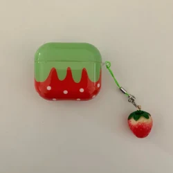 Charming Red Strawberry Glossy Shockproof Case with Pendant for AirPods 4 (Red)