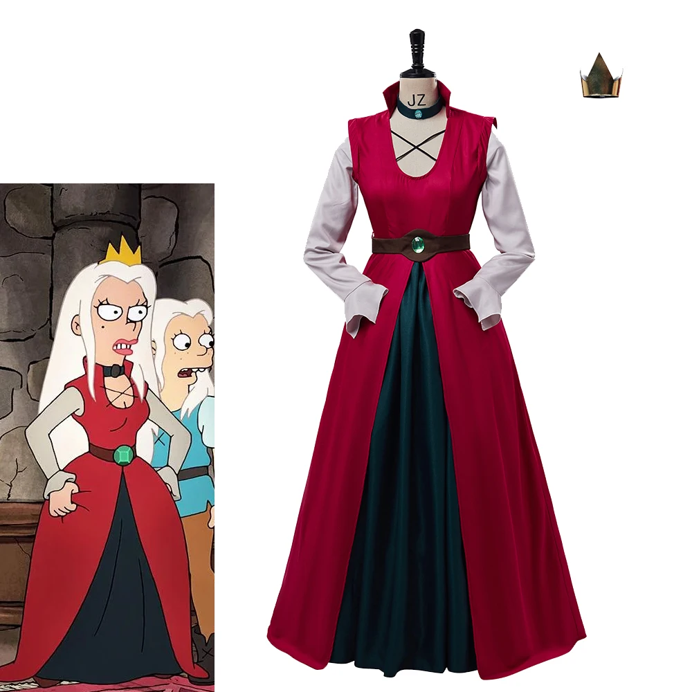 

Anime Disenchantment Cosplay Queen Dagmar Costume Women's Long Sleeve Dress with Crown Halloween Carnival Party Outfit