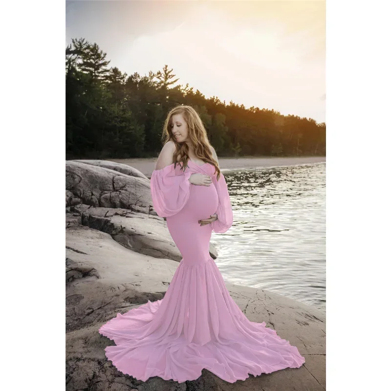 

Solid Color Shoulderless Maternity Dress for Photoshoots with Ruffles and Photography Props Meternity Dress Pregnancy