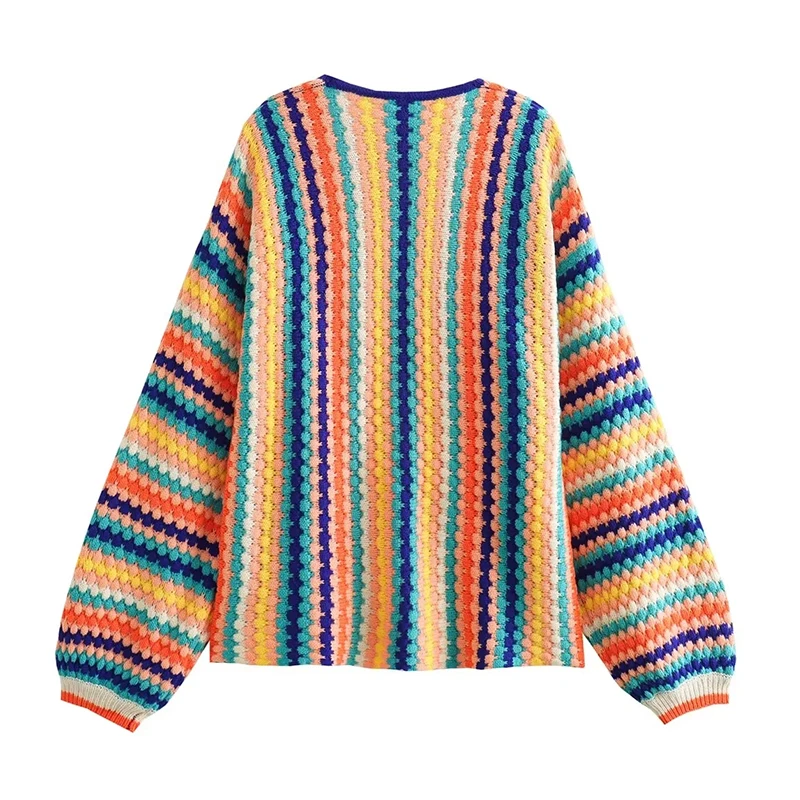 Autumn Winter Cardigan Stripe Sweater Casual Multi-color Hand Hook Loose Knit Women's Clothing Knitwear Soft Warm Female Tops 2
