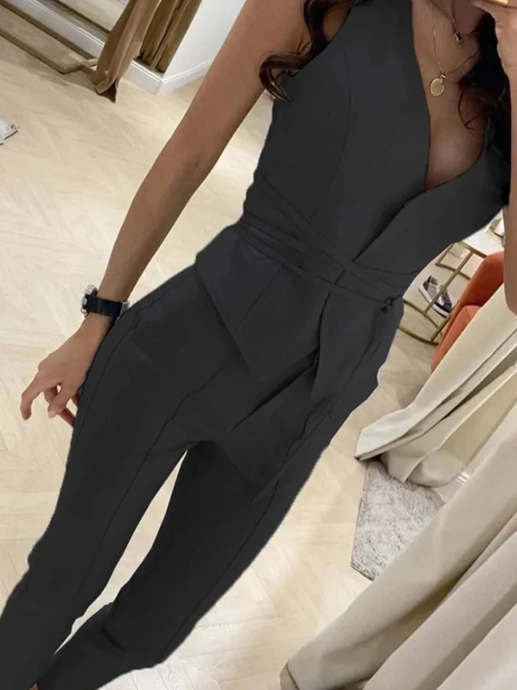 Conjunto de camiseta y pantalones sin mangas para mujer, conjunto de dos piezas con cierre de cintura de temperamento sólido, chaleco Sexy y pantalones pitillo, novedad de verano 2024