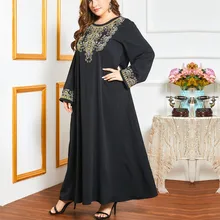 

Women Muslim Long Dress Fashion Casual Long Sleeve Loose Pullover Floral Patchwork Round Neck Mid-eastern Dress For Ladies