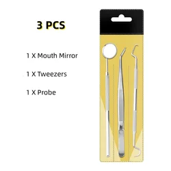 Professional Stainless Steel Dental Cleaning Tool Set - Mirror, Double Probe, and Tooth Cleaner Kit (3pcs)