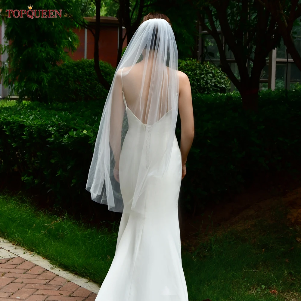 Bridal Veil TOPQUEEN V30 Classic Bridal Wedding Veils Plain Yarn 1 Tier Soft Wedding Long Veil with Comb Dress Accessories Black Red