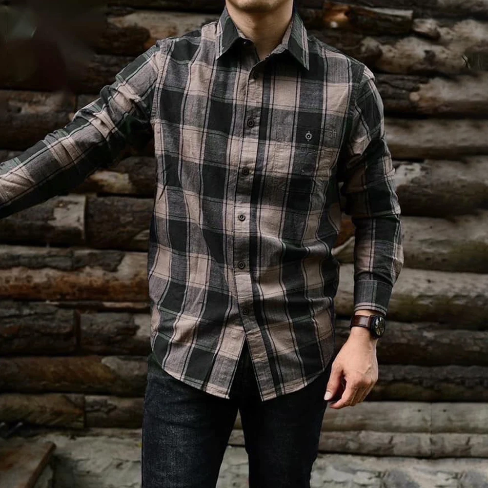 Men's Plaid Shirt Soft Single Breasted Button Turn-Down Collar Pattern Long Sleeve Casual Slim Tops Coat Men Clothing