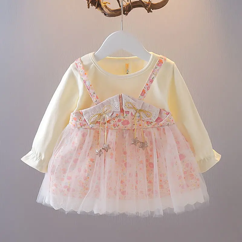 

Fake Two Pieces Kids Clothes Korean Spring Autumn Round Neck Bow Net Yarn Patchwork Long Sleeve Printing Sweet Girls for Dress