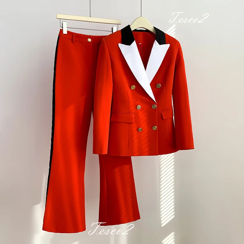 Tesco Fall Winter Women's Suit Blazer Patchwork Long Sleeve Office Lady Jacket+Trousers Slim Red Outfits conjunto femininos
