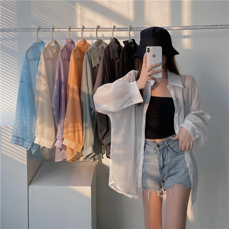 Gidyq 여성용 홀리데이 비치 셔츠, 시스루 쉬폰 블라우스, 여성용 긴 소매 상의, 여름 태양 보호, 패션 신상