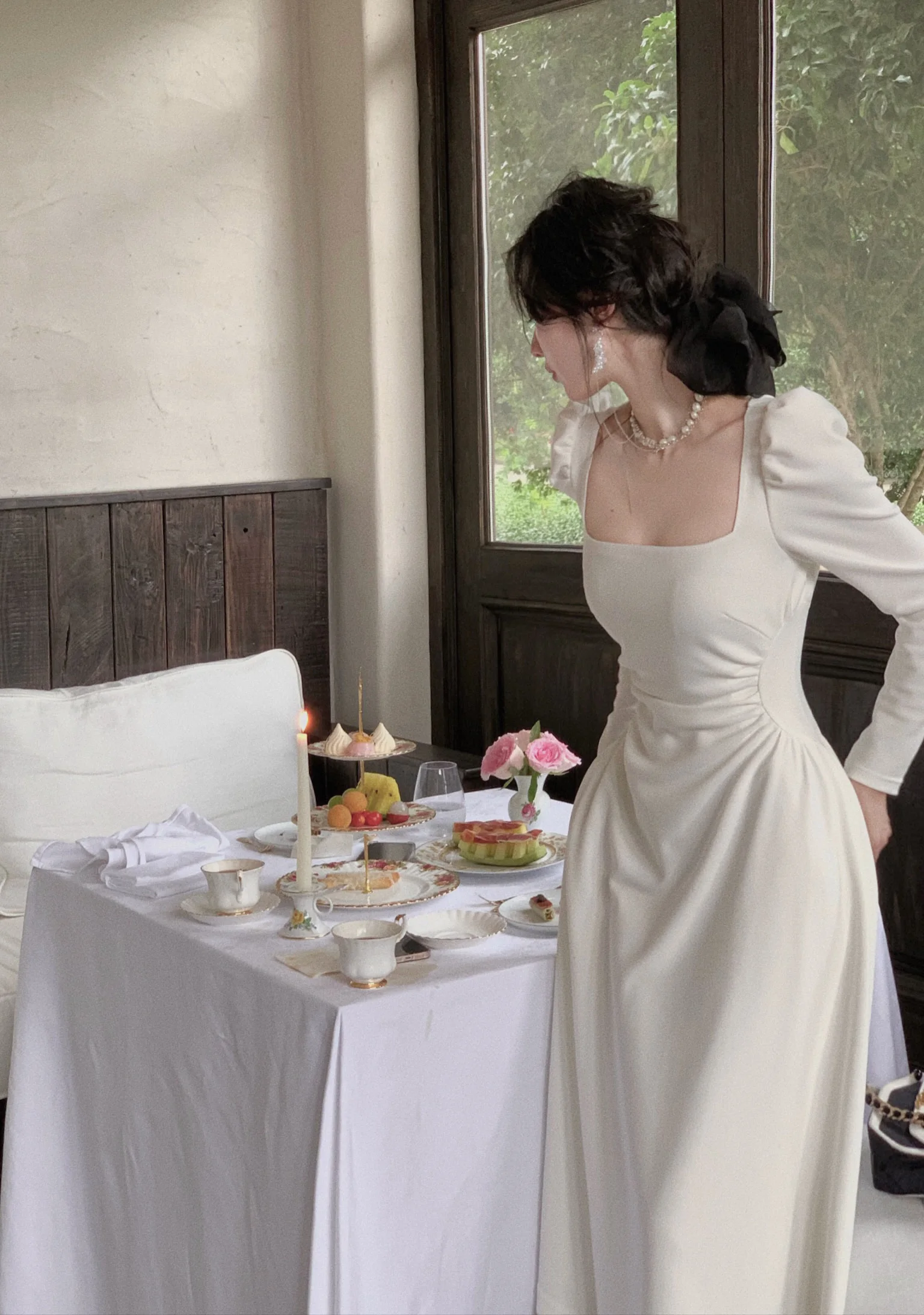 Spring New Elegant Square Collar Midi Party Dresses for Women Long Sleeve Black White Slim Vestidos Female High Waist Clothes