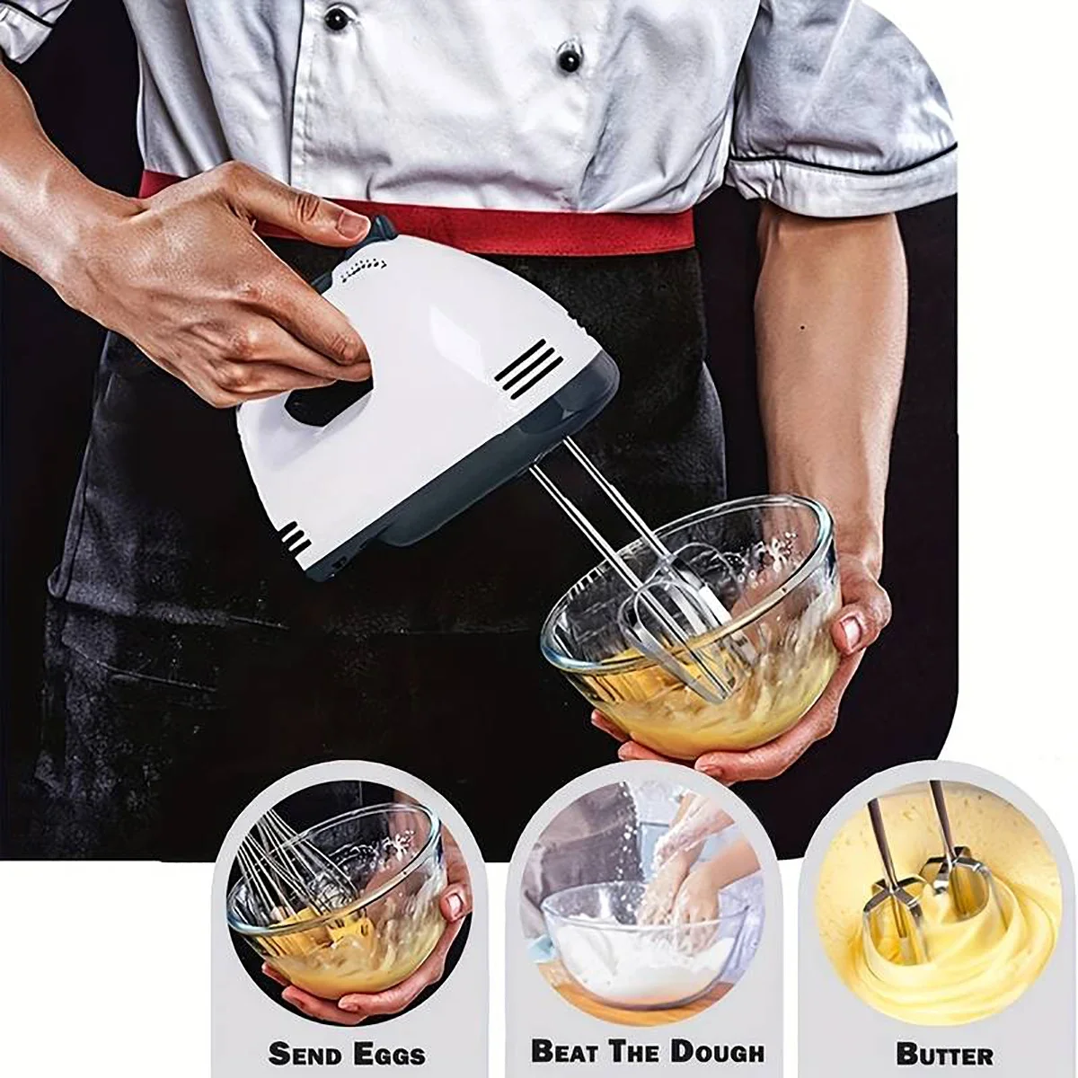Electric Handheld Electric Egg Beater, Household Automatic Mixer, Egg White and Cream Beater, Mini 7-speed White 5