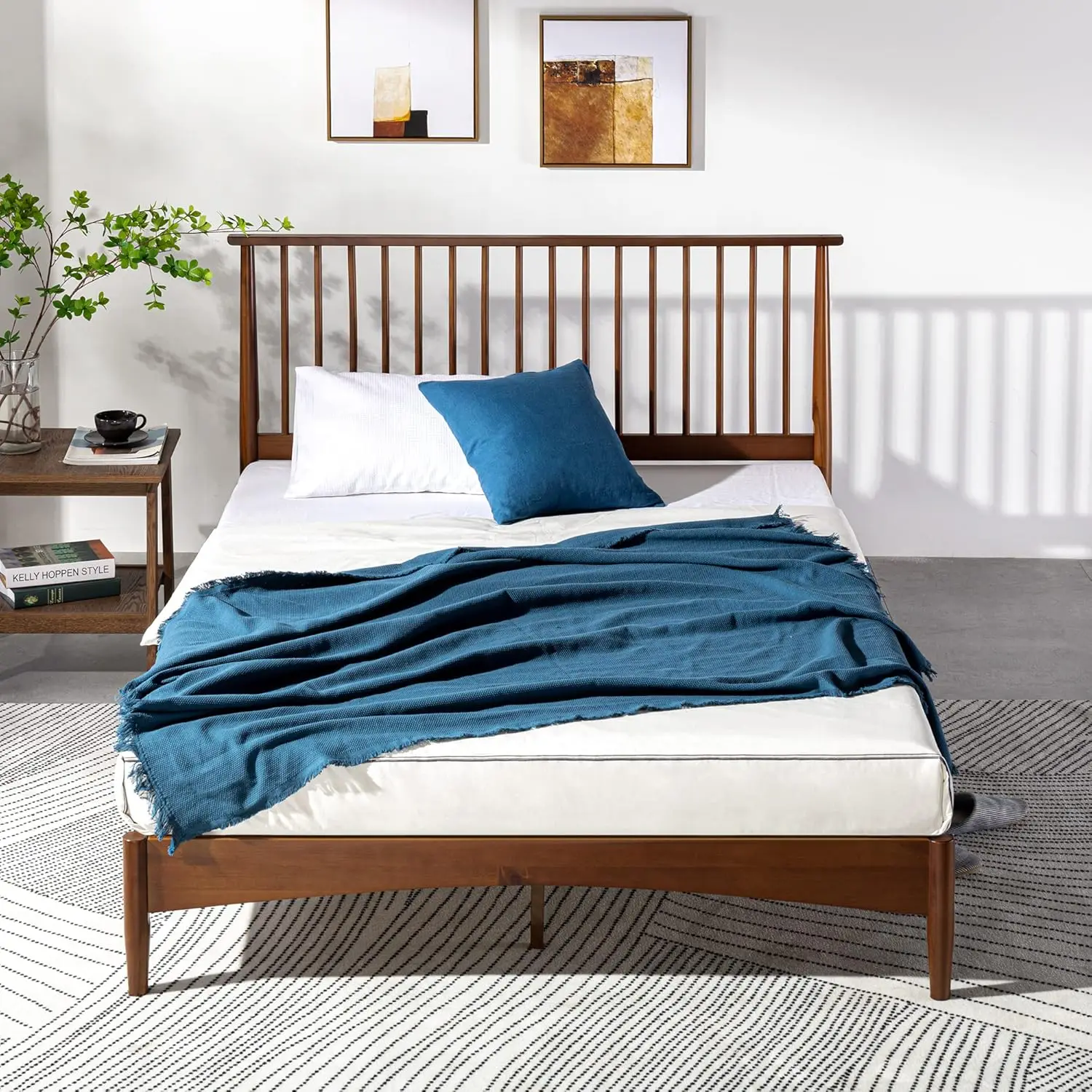Linda Mid Century Wood Platform Bed Frame, Solid Wood Foundation, Wood Slat Support, No Box Spring Needed,Brown 3