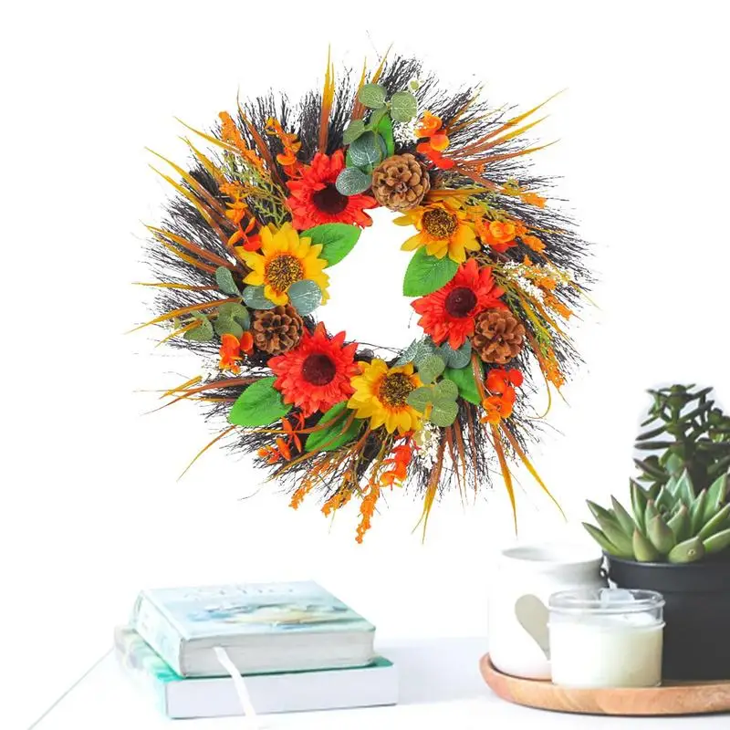 

Front Door Wreath Artificial Sunflower Pine Cones Wreath Sunflower Garland With Pine Cones All Season Wreath For Outdoor Indoor
