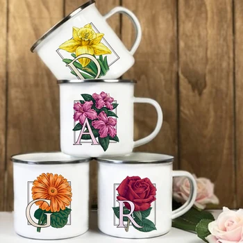 이니셜 플라워 프린트 에나멜 머그잔, 커피 컵, 캠핑 와인 주스 머그잔, 핫 코코아컵, 생일 휴일 최고의 선물