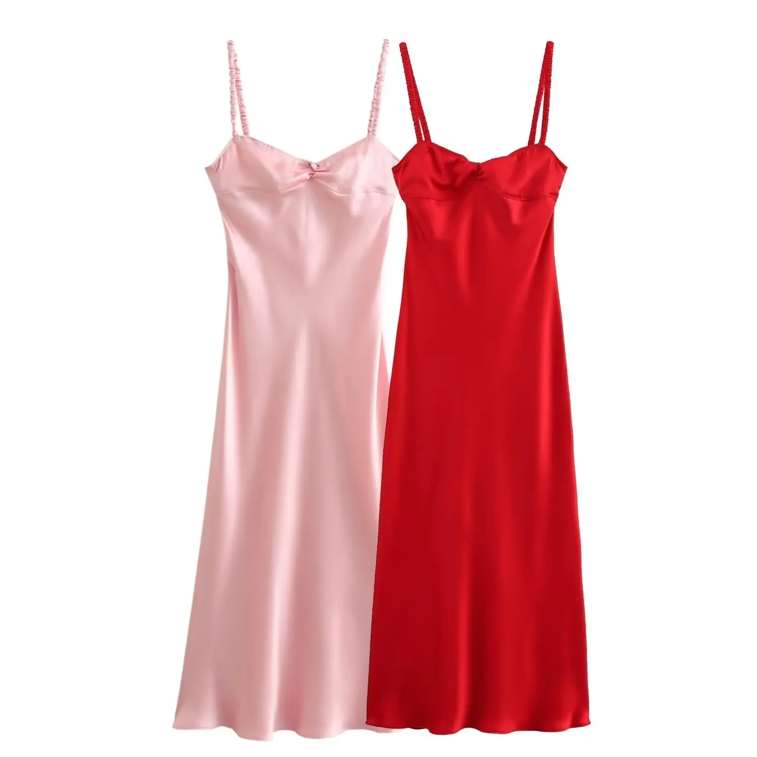 

Women's New Fashion Knot Decoration Satin Texture Underwear Style Midi Dress Retro Sleeveless Thin Straps Women's Dress Mujer