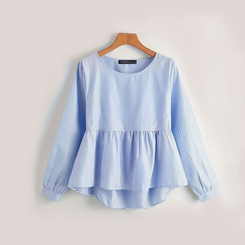 ZANZEA Women Long Sleeve Round Neck Shirts Korean Striped Blouse Autumn 2024 Pleating Tunics Casual Loose Pleated Peplum Tops