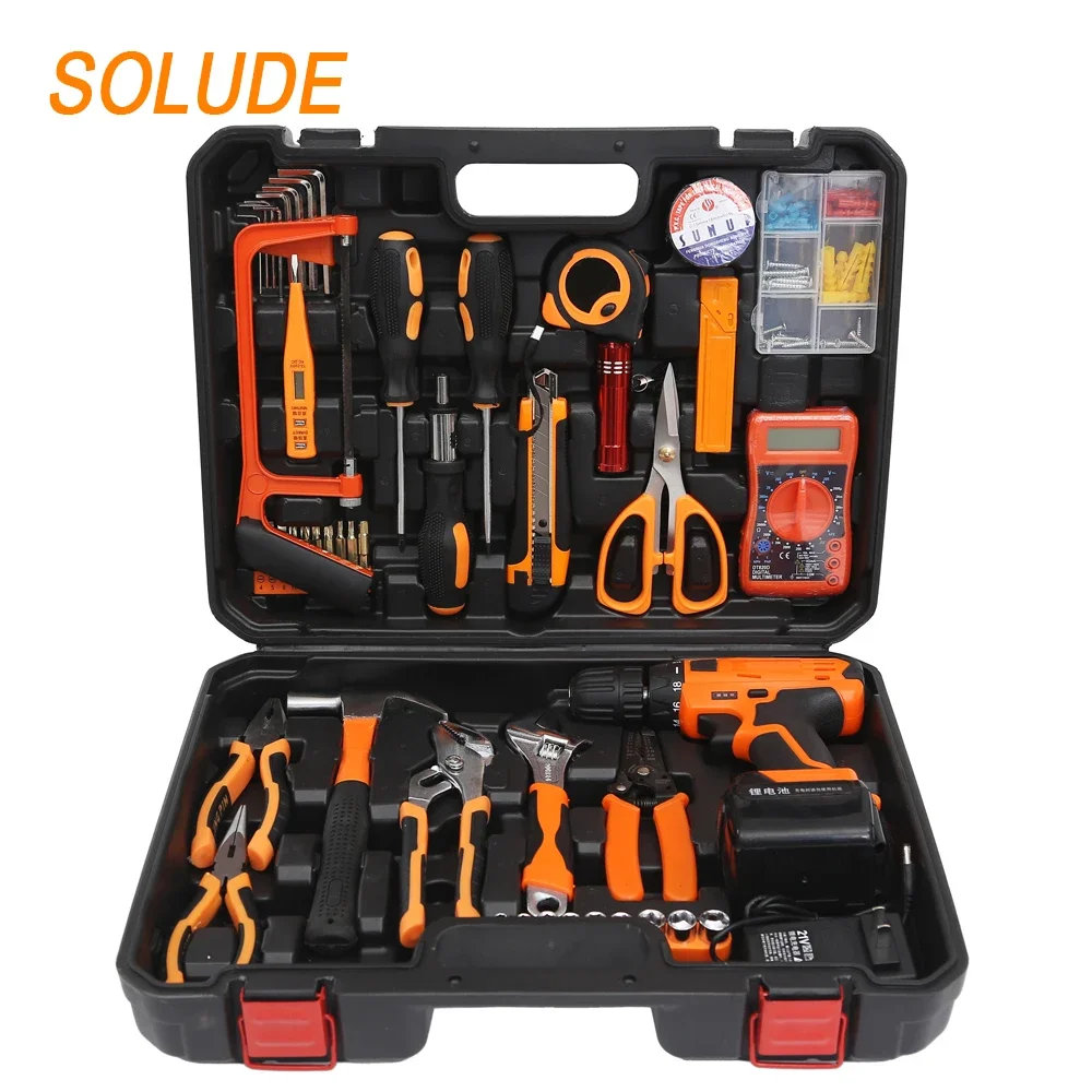 Household Hand Tools Kit With Plastic Toolbox Storage Case