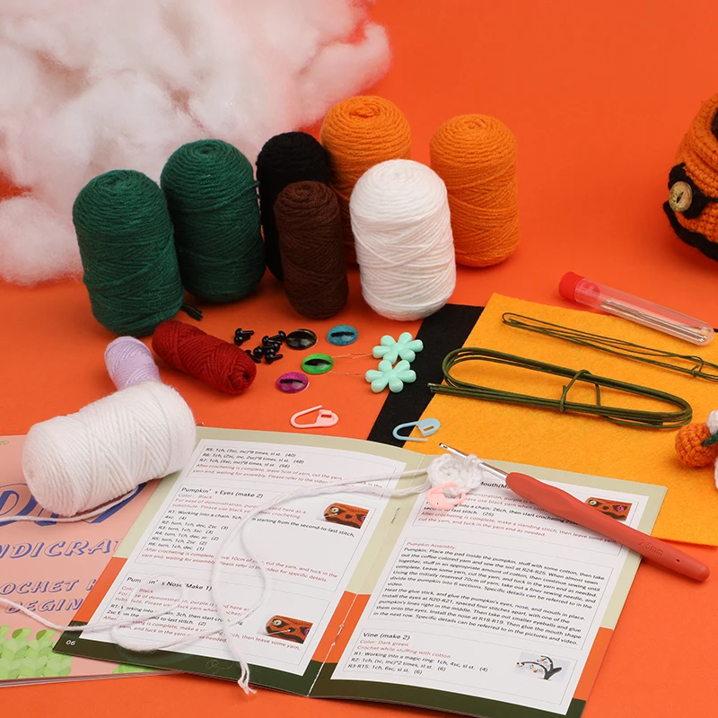 Halloween Festival Crochet Material Package Pumpkin Devil Pots for Crochet Lovers Include Yarn Hook Tools Suppli