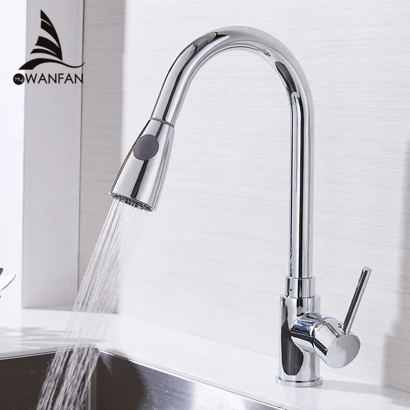 Kitchen Faucet Silver Color Surface Hot and Cold Water Faucet Kitchen Sink Faucet Pull-out Kitchen Faucet Single Hole Tap866068