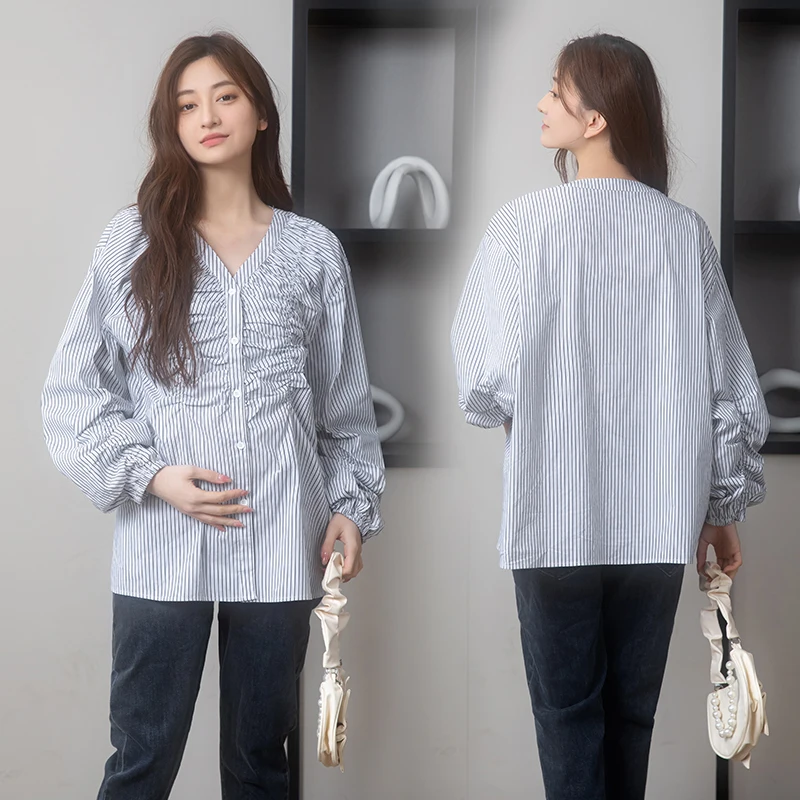 R82424    임신 블라우스 브이넥 긴 소매 봄 가을 루즈핏 여성 탑 스트라이프..