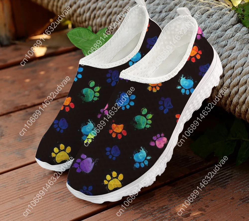 Mesh Women Casual Shoes Rainbow Color Dog Paw Pattern Printing Breathable Flats Female Slip On Sneakers Sapato Lady