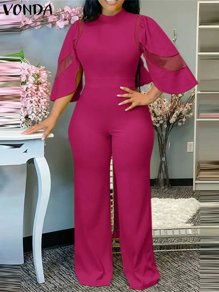 

VONDA Elegant Stand Collar Long Jumpsuits 2023 Summer 3/4 Sleeve Mesh Patchwork Fashion Playsuits Casual Loose Streetwear Romper