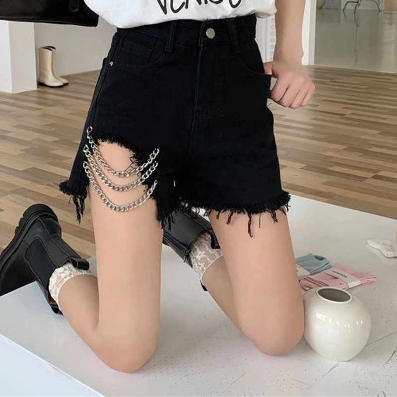 

Summer Harajuku Chain Denim Shorts Fashion High Waist Hollow Out Shorts Women Jeans Casual A-line Pants Sexy Streetwear Shorts