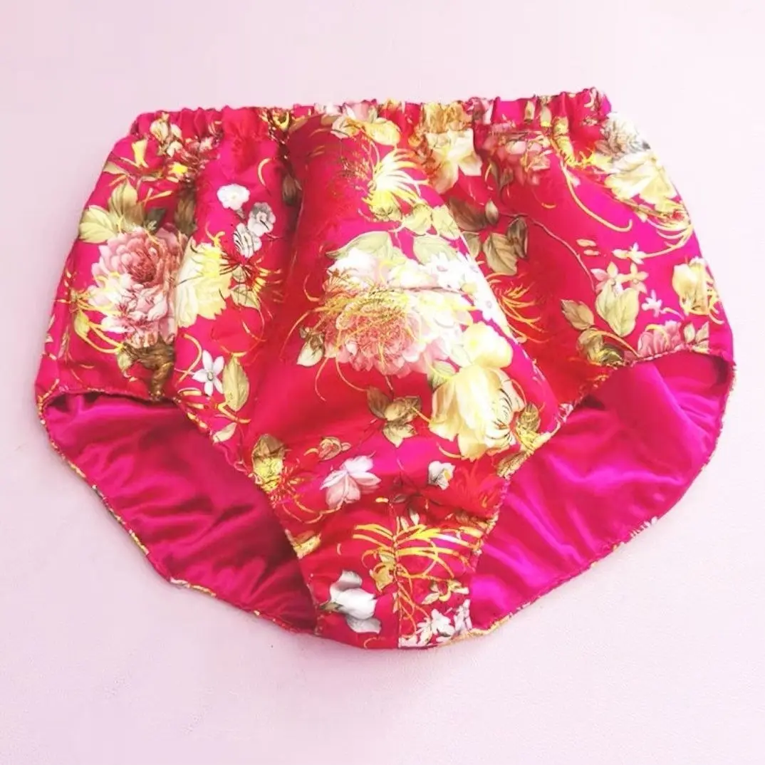 No Elastic Glossy Floral Embroidery Ice Silk Satin Lingerie Panties Plus Size Underwear Sexy Medium Waist Briefs