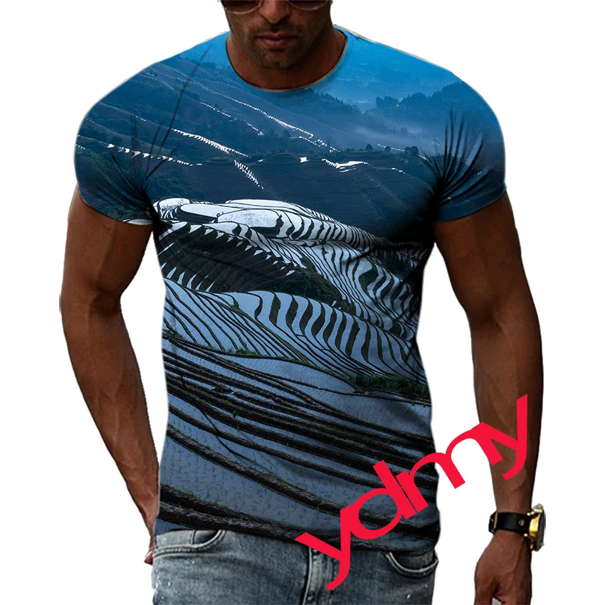 

New Tide Fashion Summer Natural Scenery Picture Casual Print Tees Hip Hop Personality Round Neck Short Sleev Tops Men's T-shirt
