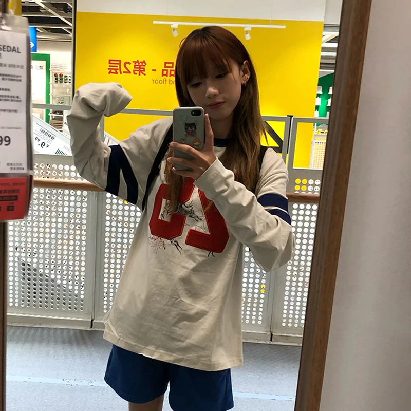 Karrram Japanese Y2k Number Print T-shirt 2000s Aesthetics Long Sleeve Jersey Tops Vintage Harajuku Streetwear American Retro