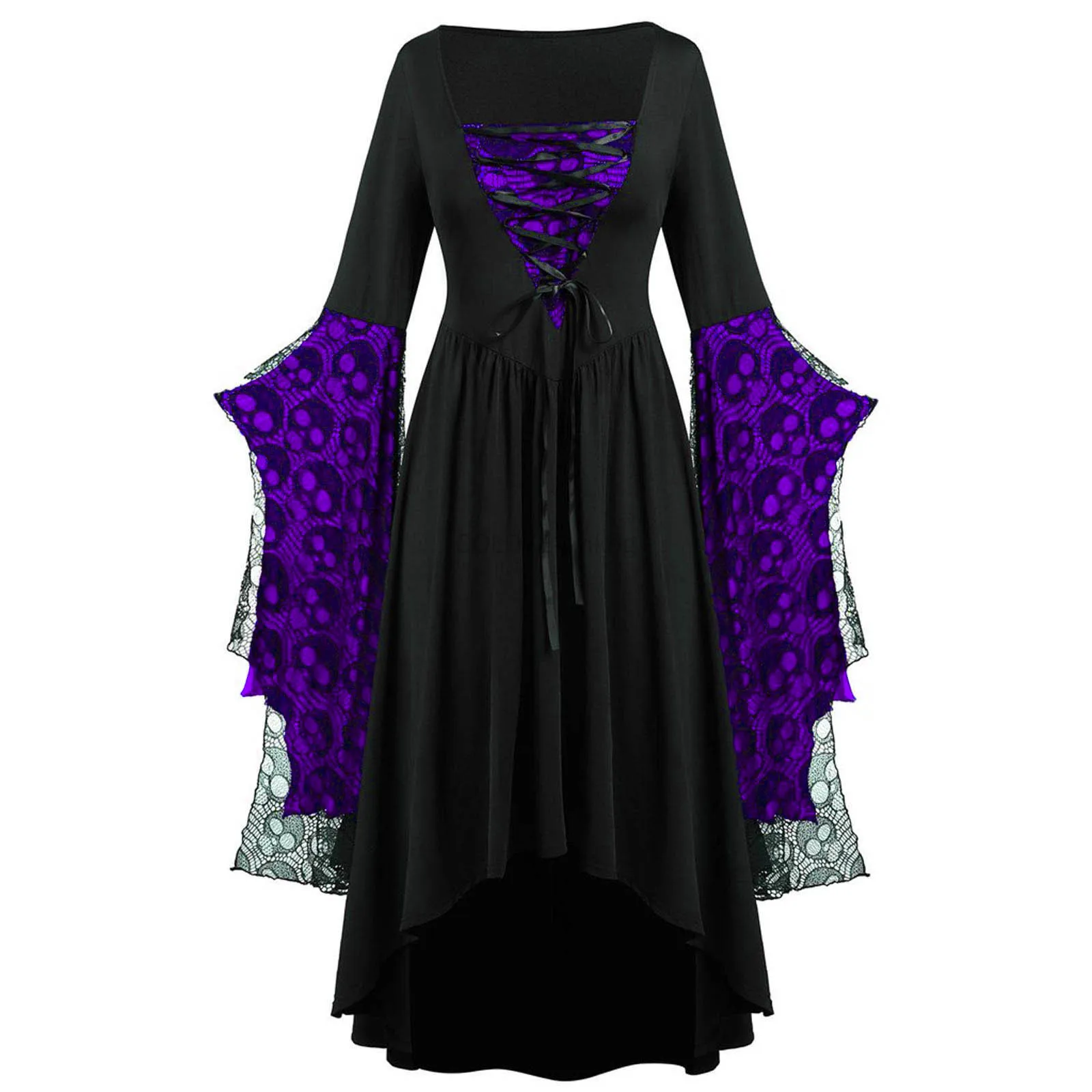 Damska średniowieczna gotycka kostium wampira czarownica sznurowana szlafrok z kapturem kostium na Halloween sukienki Maxi Cosplay