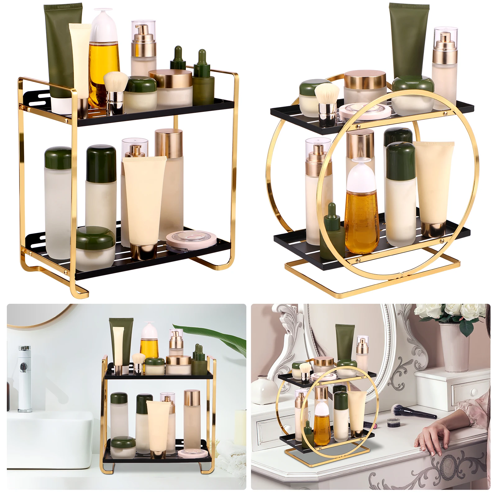 

New Makeup Organizer 2 Tier Makeup Shelf Organizer Large Capacity Cosmetic Storage Rack Elegant Vanity Organizer Metal Cosmetic
