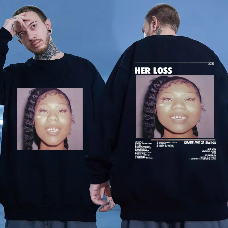 

Rapper Drake Music Album Certified Lover Boy Honestly Nevermind Her Loss Graphic Crew Neck Sweatshirt Men Women Hip Hop Pullover