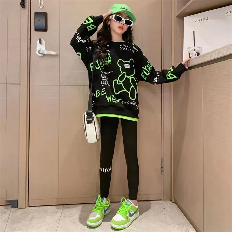 

2024 Spring Autumn Girls' Sweatshirts Pullover O-neck Long Sleeve Top Loose Causal Cartoon Bear Letter Printing 5-12 Years Old