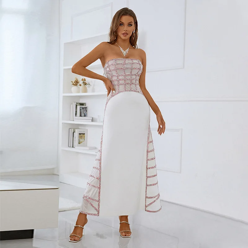 

High end socialite plaid sequins sexy mesh perspective dress long strapless evening gown