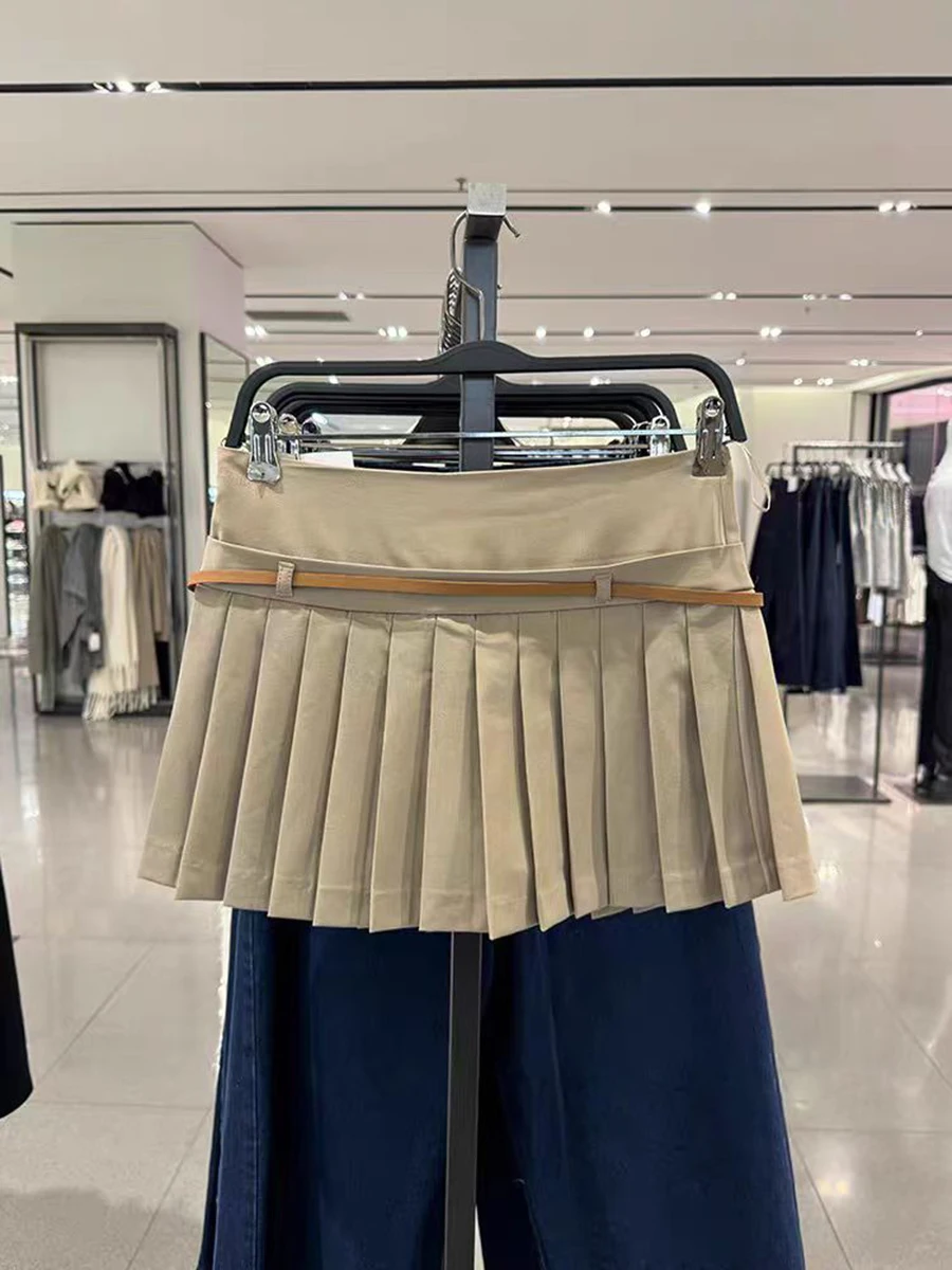 

Belt Khaki Pleated Mini Skirts Woman Spring High Waist A-line Short Faldas 2024 Female Casual Solid Simple Fashion Chic Skirt