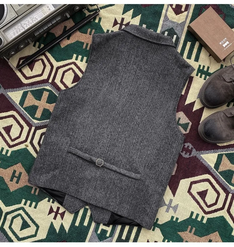 Herbstliche Retro-Arbeitskleidung aus Wolle mit Reverskragen für Herren, schwere Weste mit Fischgrätenmuster im amerikanischen Stil, Übergröße – Detail 5